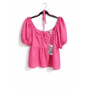 214 Pink Textured Puff Sleeve Babydoll Top Tie Front, Open Back, Feminine Blouse
